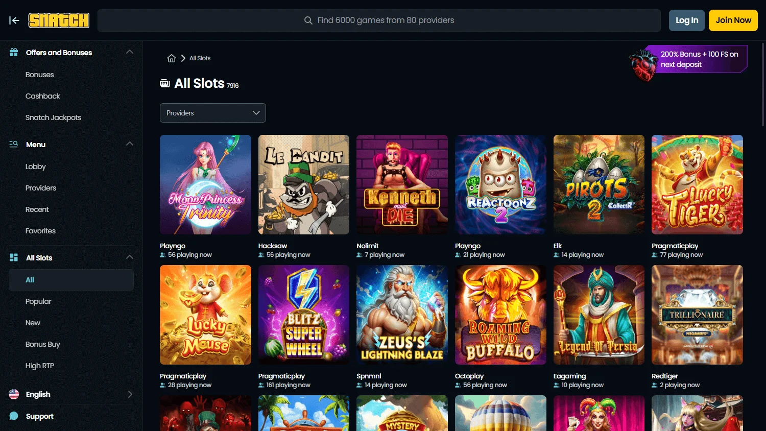 Snatch Casino games area on desktop