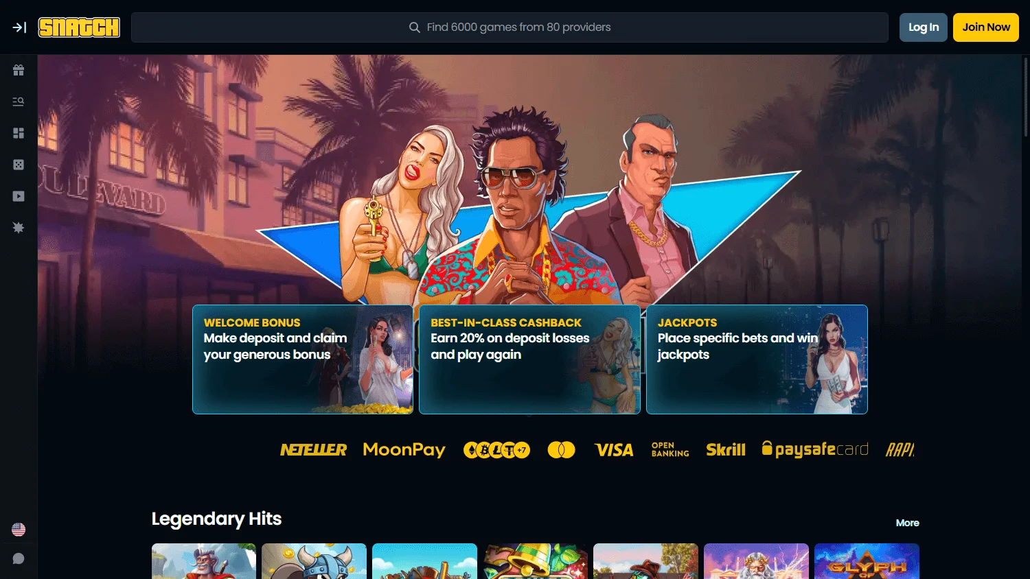 Snatch Casino home page on desktop