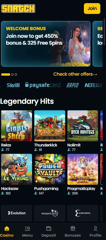 Snatch Casino home page on a mobile device