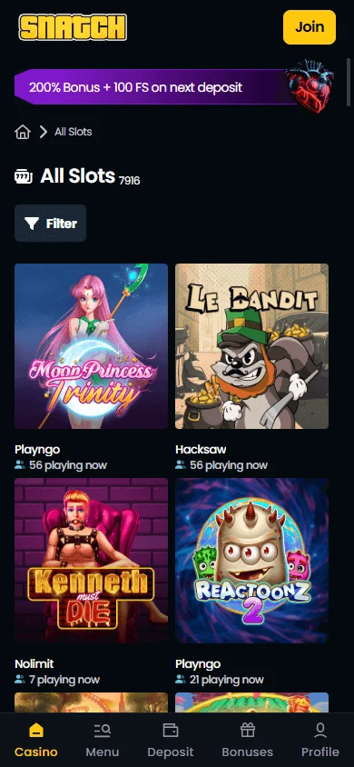 Snatch Casino games area on a mobile device
