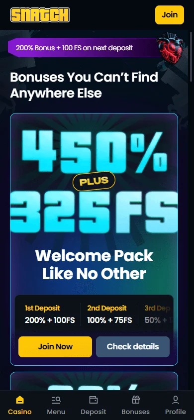 Snatch Casino promotions area on a mobile device
